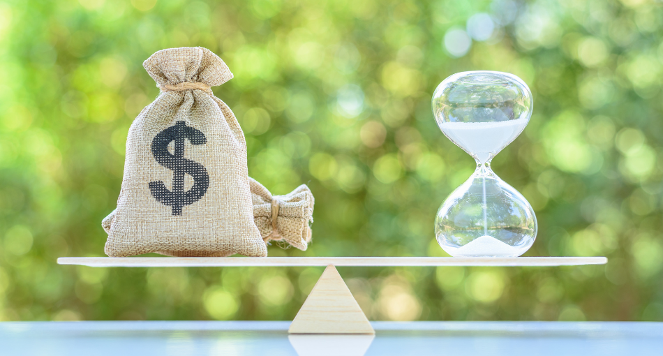 Balance depicting revenue on the left side and time on the right.