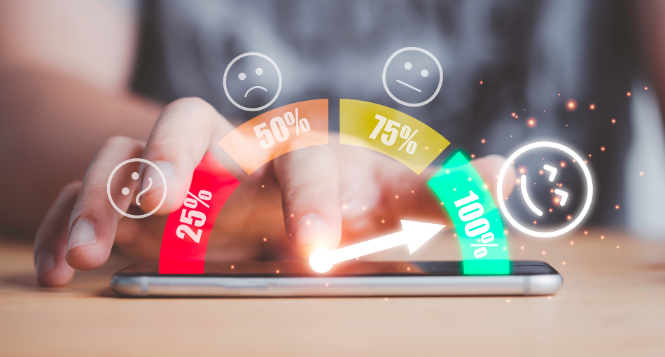 Customer happiness scale is shown from 25 to 100%