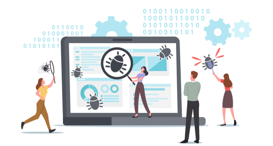 Illustrated people spot and catch bugs in a software application.