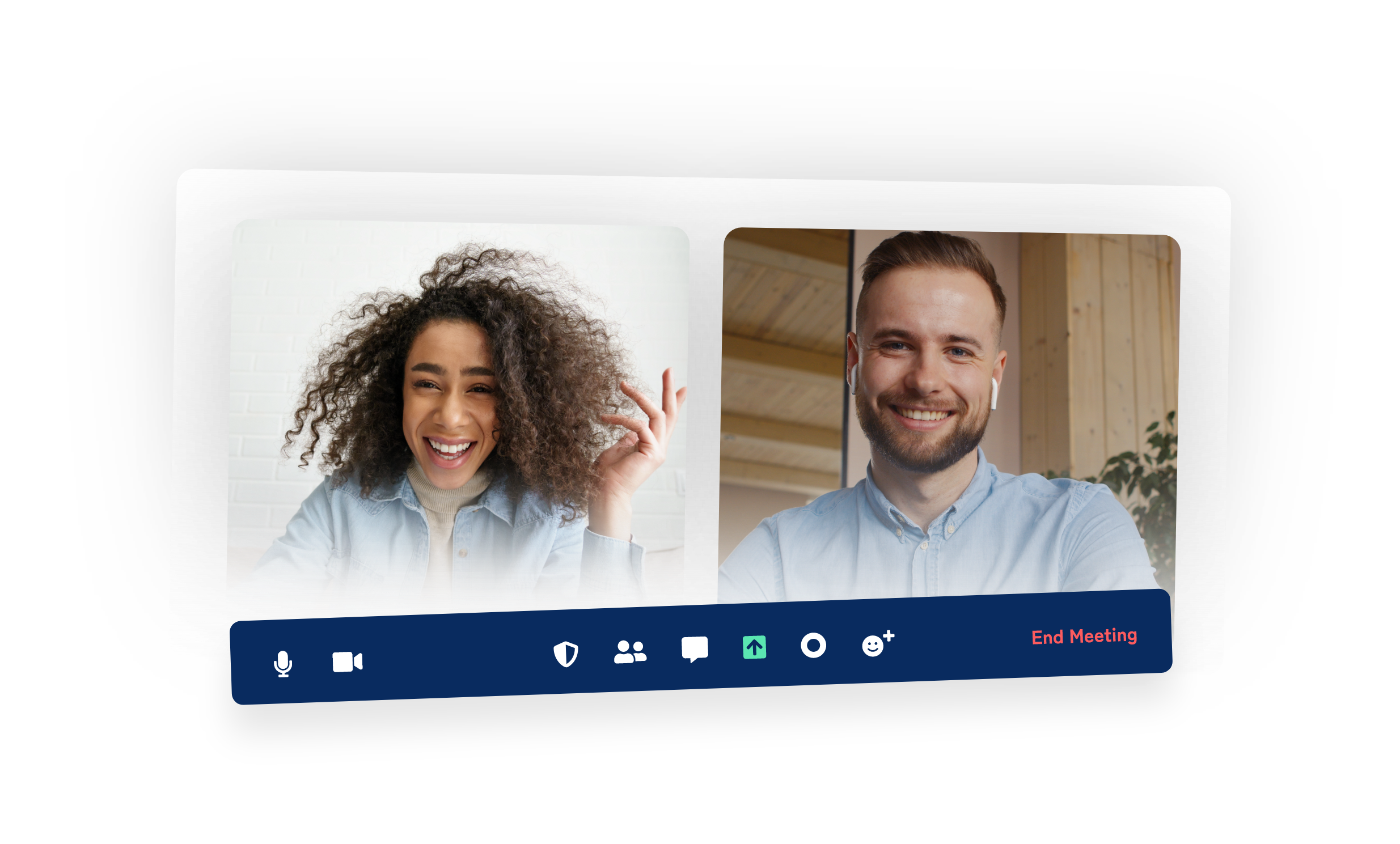 Photo of screen with two people on a virtual call. One person is gesticulating with their hand, and both people are smiling as if they're laughing at a good joke.